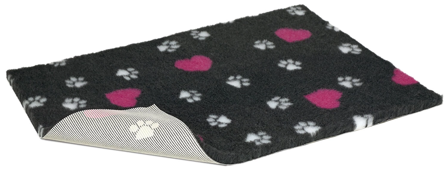 Non Slip Vetbed Cerise Hearts & White Paws Dog Bed - Charcoal