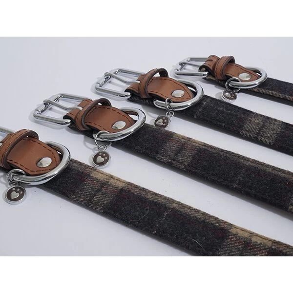 Rosewood Luxury Leather Collar Tweed Check 3/4"