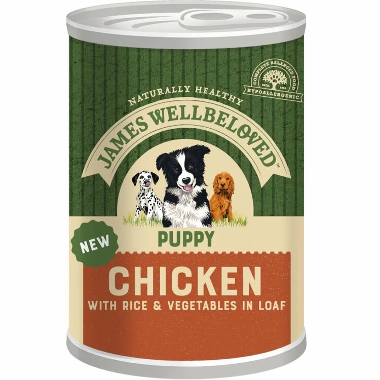 12 X James Wellbeloved Puppy Food Chicken Rice And Vegetable In Loaf Can 400g